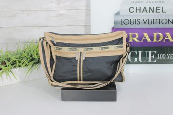 LeSportsac Black Nylon Crossbody Bag  Beige Trim Lightweight Travel Shoulder Purse