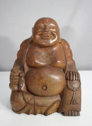 Large 13H X 10W Hand-Carved Wooden Laughing Buddha Statue