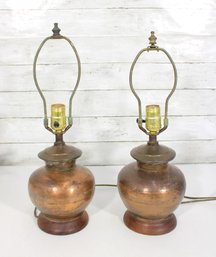 Pair Of Vintage Copper Table Lamps W/ Wood Bases  Rustic Mid Century Style 17'