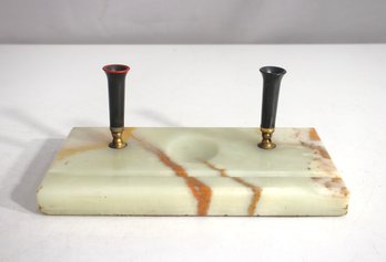 Antique 9.5 X 5.5 Onyx & Brass Double Trumpet Holder Stand