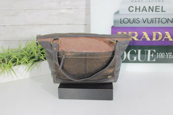 The Sak Two-Tone Leather Satchel Bag  Brown Patchwork Shoulder Handbag W/ Zip Top