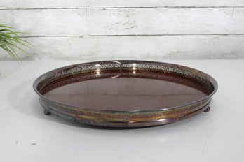 Vintage 14.5 Round Silver Plated Serving Tray With Wood Inset & Pierced Rim