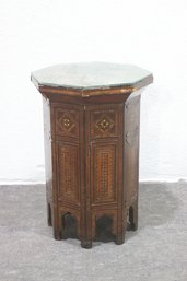 Antique Moorish Inlaid Octagonal Side Table  Ornate Wood & Glass Top