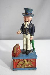 11H Cast Iron Uncle Sam Mechanical Coin Bank  Vintage Reproduction