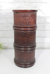Vintage Carved Wood Umbrella Stand W/ Metal Liner  Tall Decorative Floor Vase 20.5'