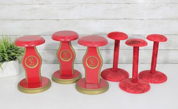 Set Of 6 Red Wooden Display Pedestals Stands  Decorative Risers W/ Gold Trim & Monogram Detail