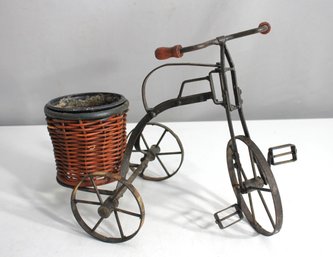 10H X 13W Vintage Metal & Wicker Tricycle Planter  Rustic Decor