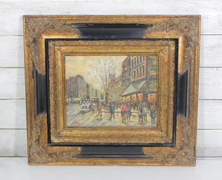Signed Impressionist City Street Painting  Figures & Trolley Scene  Ornate Frame  16' X 18'