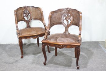 Pair Of Antique French Cane Back Chairs  Ornate Carved Wood & Cabriole Legs