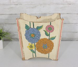Vintage Floral Painted Wastebasket Trash Can  Cottage Style Metal Bin  12' H X 11' W X 7' D