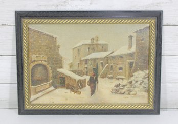 Winter Village Scene Print  Snowy European Landscape  Framed  12' X 16.5'