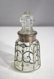 Antique Glass Perfume Bottle With Sterling Silver Overlay & Cut Crystal Stopper  6 Tall