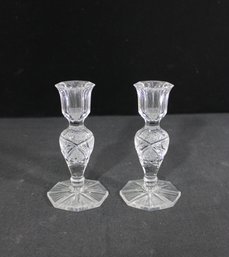Pair Vintage Cut Crystal Candlesticks  Elegant Pressed Glass Candle Holders  6'