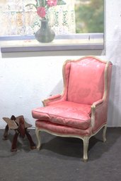 Antique French Louis XV Style Wingback Armchair  Elegant Pink Damask Upholstery