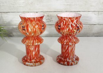 Pair Of 8.5 Hand Blown Art Glass Vases  Orange Spatter Pattern, Vintage Murano Style