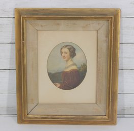 Antique Portrait Print Victorian Lady Oval Miniature Style Framed 15' X 13'