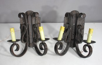 Pair Of Vintage Wrought Iron & Wood Electric Wall Sconces  10 Tall  Rustic Gothic Style