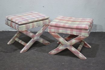 Pair Of Vintage X-Base Plaid Upholstered Ottomans  Classic & Timeless Design