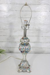 Vintage Jeweled Metal Table Lamp  Ornate Silver Tone Accent Lamp W/ Colored Cabochon Details  26' Tall
