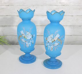 Pair Vintage Blue Satin Glass Vases Hand Painted Floral Gold Trim 13.5'  1 Has A Chip