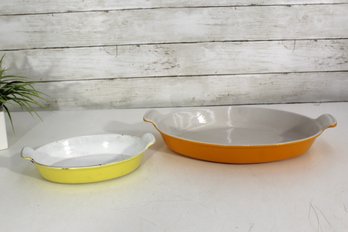 Pair Of Vintage Enamel Baking Dishes  Yellow & Orange Oval Oven Pans (9'x6' & 14'x9')