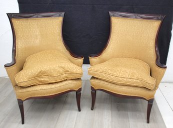 Pair Of Vintage Wood-Carved Frame Chairs With Golden Upholstery