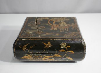 Vintage Lidded Lacquered Box With Intricate Oriental Design - With Crack