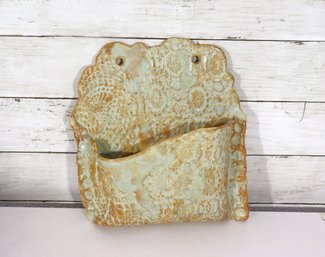 Vintage Art Pottery Wall Pocket  Textured Glaze Floral Design  11.5' X 10'