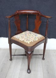 Antique Wood Sword Corner Chair With Needlepoint Seat