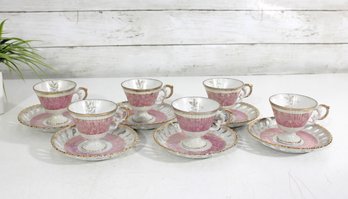 Vintage Porcelain Demitasse Cup & Saucer Set  Pink & Gold Floral  Set Of 6 (Cups 2.5')