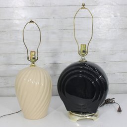 Pair Of Vintage Ceramic Table Lamps  Black & Cream Swirl Mid-Century Style Accent Lamps  23' & 25' Tall