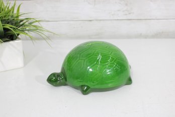Vintage Green Turtle Piggy Bank Ceramic Coin Bank  Glossy Glazed 8'