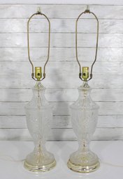 Pair Of Vintage Cut Glass Table Lamps  Crystal Style Etched Accent Lamps W/ Brass Tone Bases  31' Tall