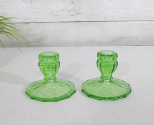 Pair Of Vintage Uranium Glass Candle Holders  Green Depression Glass, 3.5'H