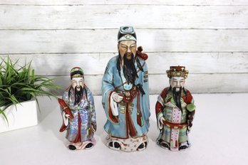 Vintage Chinese Porcelain Immortals / Scholar Figures  Set Of 3 Hand-Painted Statues