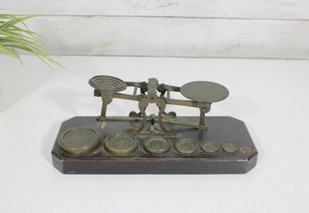Antique Brass Balance Scale W/ Weights On Base Apothecary Scientific 9.5' X 4'