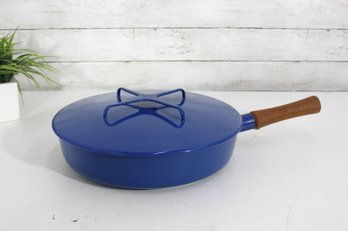 Vintage Dansk Blue Enamel Cast Iron Saute Pan With Lid & Teak Handle  France 3' X 11.5' Round