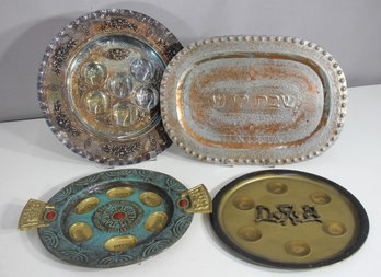 Lot Of 4 Vintage Judaica Passover & Shabbat Seder Plates  Mixed Metal & Decorative Designs