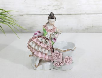 Vintage German Porcelain Rococo Lady Figurine W/ Planter  Brocade Dress, Gold Trim, 5.5'H