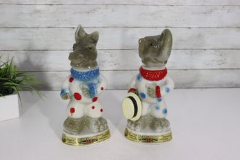 1968 Jim Beam Trophy Series Clown Donkey & Clown Elephant Whiskey Bottle Decanters  Pair