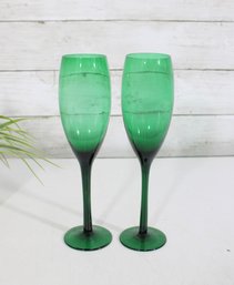 Set Of 2 Vintage Libbey Juniper Green Teardrop Champagne Flutes  Elegant Stemware, 9'H