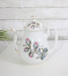 Vintage Floral Porcelain Teapot  Butterfly & Thistle Design, Gold Trim, 9.5'H