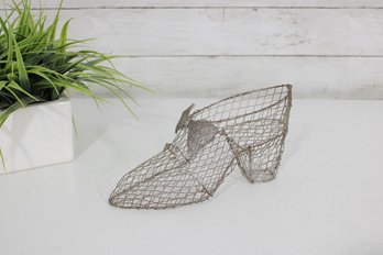 Vintage Wire Shoe Form Sculpture W/ Bow  Decorative Metal High Heel 8'