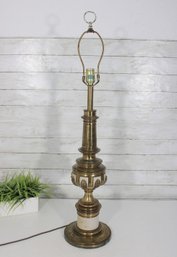 Vintage Neoclassical Style Table Lamp  Brass & Cream Column Accent Lamp W/ Leaf Motif  33' Tall