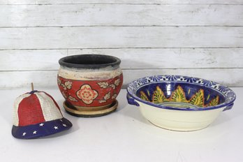 Vintage Folk Art Decor Lot  Painted Pottery Bowl, Planter & Americana Hat (3 Pieces)