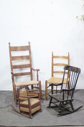 Set Of Three Antique Rocking Chairs & One Ladder-Back Chair  Rustic & Timeless