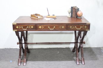Antique Brass Inlay Campaign Desk  Elegant X-Leg Writing Table