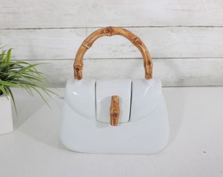 Vintage Novelty Handbag Teapot  White Ceramic With Bamboo Style Handle, 9'H