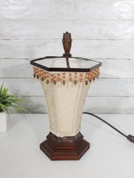Vintage Boudoir Table Lamp W/ Fabric Shade & Beaded Trim  Ornate Wood Tone Base  15' Tall