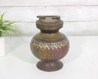 Vintage Brass Lidded Vase Urn Engraved Floral Design Hinged Lid 7.5' Tall